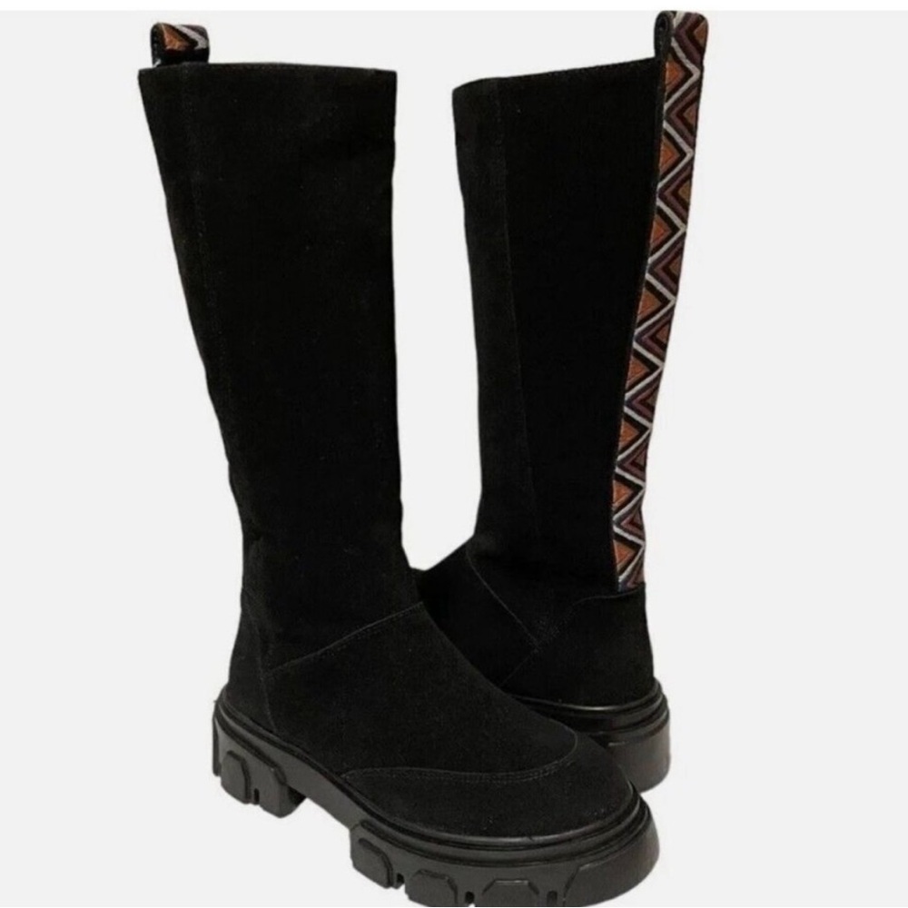 Farm Rio Boots Sz 6.5‎ Knee High Lug Sole Black Suede Tall Chunky Embroidery NEW